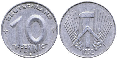 ГДР 10 пфеннигов 1952 E KM 7 алюминий 67-1014