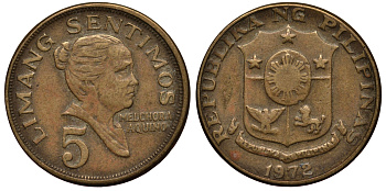 ФИЛИППИНЫ 5 СЕНТИМО 1972 МЕЛЬХОРА АКУИНО KM 197 латунь VG 4181-348