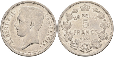 Бельгия 5 франков 1931 Belges, Альберт I KM 97 никель 51-4224