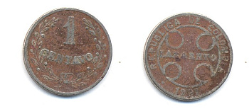 Колумбия 1 сентаво 1921 государственный лепрозорий KM L9 медно-никель 53-567