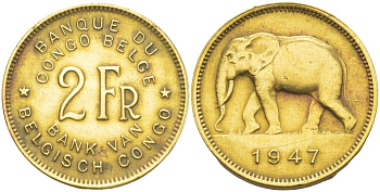 Бельгийское Конго 2 франка 1947 слон KM 28 латунь 4541-1035