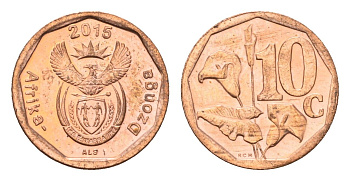 ЮАР 10 центов 2015 герб, цветок алоэ сталь плакированная бронзой UNC 4687-528