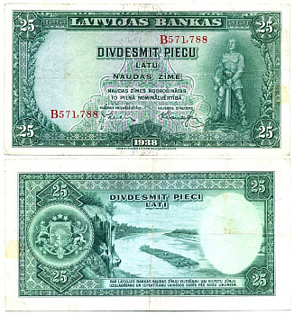 ЛАТВИЯ 25 ЛАТОВ 1938 Pick 21a бумага 000-00-00