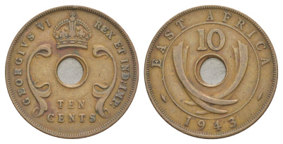 Британская Восточная Африка 10 центов 1943 Георг VI (1936-1952) KM 26 бронза 4645-943