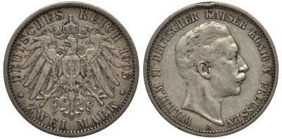 Пруссия 2 марки 1906 A, Вильгельм II (1888-1918) J.102, Weege 101, KM 522 серебро 3711-745