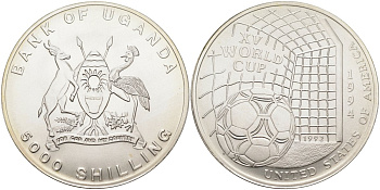 Уганда 5000 шиллингов 1992 XV чемпионат мира по футболу 1994 года в США, тираж 10000 экз. KM 32 серебро UNC 04-317-13