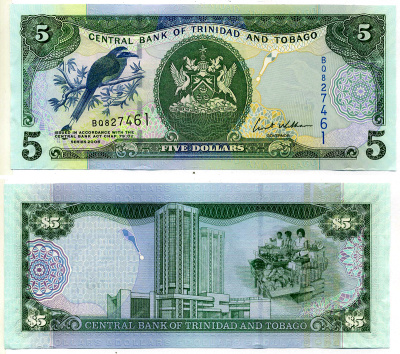 Тринидад и Тобаго 5 долларов 2006 подпись 8, номер синий, TDLR Pick 47 бумага UNC (пресс) 2197-18-2-2