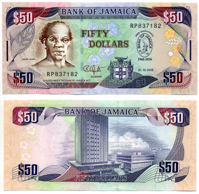 Ямайка 50 долларов 2010 1 октября 2010, 50 лет банку Ямайки (1960-2010), юбилейная, подпись 13, с водяным знаком, Самуэль Шарпе Pick 88 бумага UNC (пресс) 2197-23-1-2