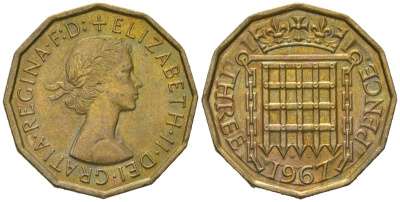 Великобритания 3 пенса 1967 Елизавета II (1952-2022) KM 900, Spink 4153 никель латунь UNC 4618-738