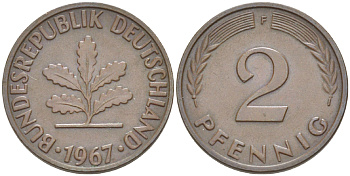 ФРГ 2 ПФЕННИГА 1967 F KM 106, J. 381 бронза 4181-749