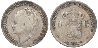 Нидерландское Кюрасао 1 гульден 1944 D, Вильгельмина (1890-1948) KM 45 серебро 36-531