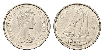 Канада 10 центов 1987 Елизавета II (1952-2022), парусник KM 77 никель 4689-557