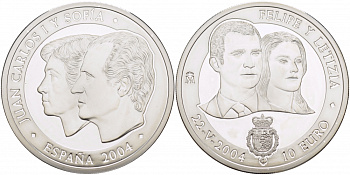 Испания 10 евро 2004 свадьба принца Фелипе и Летисии 24.05.2004 KM 1097 серебро  PROOF  11-163-34