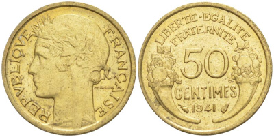ФРАНЦИЯ 50 САНТИМОВ 1941 ТИП MORLON KM 894.1, LE FRANC 192.18 алюминиевая бронза 44-464