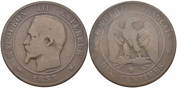 Франция 10 сантимов 1853 ВВ, Наполеон III (1852-1870) KM 771.3, Le Franc 133.4 бронза 114-644