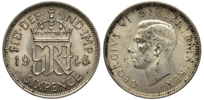 Великобритания 6 пенсов 1946 Георг VI (1936-1952) KM 852, Spink 4084 серебро 4538-617