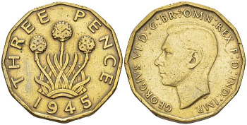 Великобритания 3 пенса 1946 Георг VI (1936-1952), редкий год KM 849, Spink 4112 никель латунь 212-813