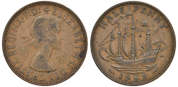 Великобритания 1/2 пенни 1959 Елизавета II (1952-2022) KM 896, Spink 4158 бронза 4681-622