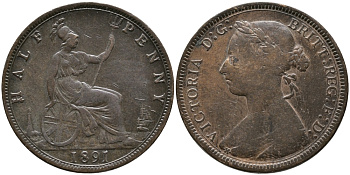 Великобритания 1/2 пенни 1891 Виктория (1837-1901) KM 754, Spink 3956 бронза 28-853