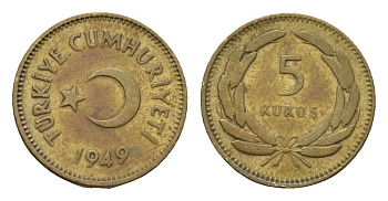 Турция 5 курушей 1949 редкий год KM 887 латунь 45-1154