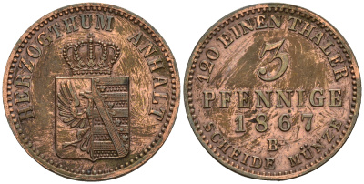 Ангальт-Бернбург 3 пфеннига 1867 B, Леопольд IV (1863-1871) KM 98, Jaeger 68, AKS 33 медь 219-313