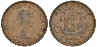 Великобритания 1/2 пенни 1959 Елизавета II (1952-2022) KM 896, Spink 4158 бронза 4681-622