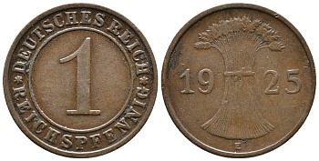 ГЕРМАНИЯ 1 РЕЙХСПФЕННИГ 1925 E KM 37, J. 313 бронза 39-923