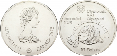 Канада 10 долларов 1975 XXI летние Олимпийские игры в Монреале 1976 года, женское толкание ядра KM 103 серебро UNC 01-172-24