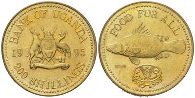 Уганда 200 шиллингов 1995 50 лет ФАО KM 148 алюминиевая бронза UNC 4574-1026