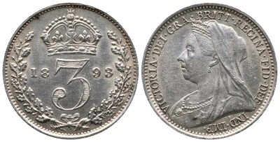 Великобритания 3 пенса 1893 Виктория (1837-1901) KM 777, Spink 3942 серебро UNC 1518-1213