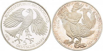 ФРГ 5 марок 1976 D, 300 лет со дня смерти Ганса Якоба Кристоффеля фон Гриммельсгаузена (1622-1676) KM 144, J. 419 серебро PROOF 1087-2-72