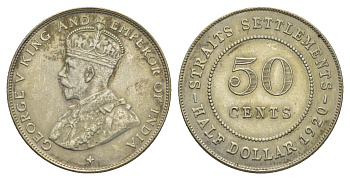 Стрейтс-Сетлментс (Стрейтс Сетлментс) 50 центов 1920 Георг V (1910-1936) KM 35 серебро 1523-715