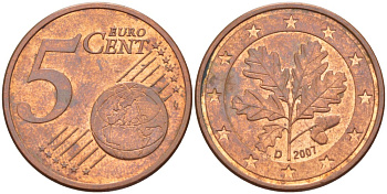 ГЕРМАНИЯ 5 ЕВРОЦЕНТОВ 2007 D KM 209 сталь плакированная медью 4543-542