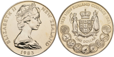 Новая Зеландия 1 доллар 1983 50 лет чеканки национальных монет, Елизавета II (1952-2022) KM 53 медно-никель UNC 00-00