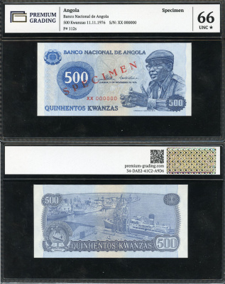 Ангола 500 кванза 1976 Антонио Агостиньо Нето, порт Луанды, specimen, в слабе Premium Grading, 66 UNC Pick 112 s  бумага  UNC (пресс) 452-3-24