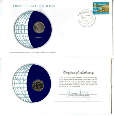 Индонезия 25 рупий 1971 конверт с маркой первого дня гашения, Coins of Nations KM 34 медно-никель UNC 4295-12-1