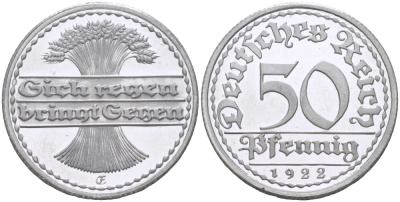 Германия 50 пфеннигов 1922 E J. 301, KM 27 алюминий PROOF 00-817-50