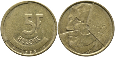 БЕЛЬГИЯ 5 ФРАНКОВ 1986 BELGIE KM 164 латунь или алюминиевая бронза 65-1144