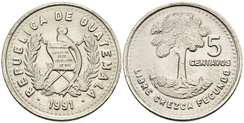 Гватемала 5 сентаво 1991 дерево KM 276.4 медно-никель 4588-763