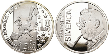 Бельгия 10 евро 2003 100 лет со дня рождения Жоржа Сименона KM 235 серебро PROOF 02-070-44