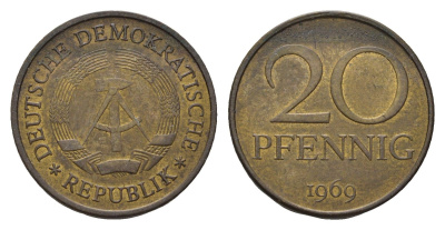 ГДР 20 пфеннигов 1969 A, первый год KM 11 латунь 3336-832