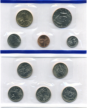 США два набора в одном 2002 два официальных набора в целлофановой запайке, буква Р, годовой набор и пять квотеров, штат Миссисипи, Луизиана, Огайо, Теннеси, Индиана, в конверте с сертификатом, Филадельфия  медь плакированная медно-никелем  UNC  7-5-6-28