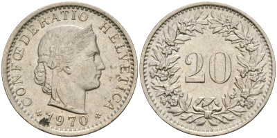 Швейцария 20 раппенов 1970 KM 29а медно-никель 4364-1416