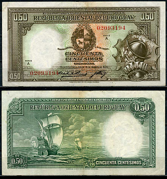 Уругвай 50 сентесимо 1935 конкистадор, Парусные суда приближаются к Монтевидео, серия A, две подписи, Alberto Puig, Jorge West Pick 27 a (1)  бумага   451-673-1