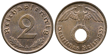 Германия 2 рейхспфеннига 1937 A KM 90, J. 362 бронза 176-536