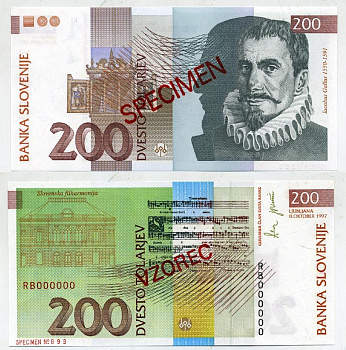 Словения 200 толаров 1997 Якоб Галлус, словенская филармония, Любляна, SPECIMEN, пробник Pick 15 s бумага UNC (пресс) 451-368-2