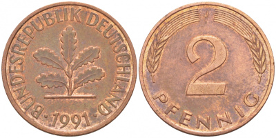 ФРГ 2 ПФЕННИГА 1991 J KM 106a, J.381a сталь плакированная сталь плакированная медьюю 4396-1622