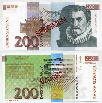 Словения 200 толаров 1997 Якоб Галлус, словенская филармония, Любляна, SPECIMEN, пробник Pick 15 s бумага UNC (пресс) 451-368-2
