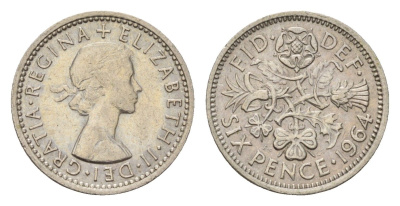 Великобритания 6 пенсов 1964 Елизавета II (1952-2022) KM 903, Spink 4149 медно-никель 100-1268