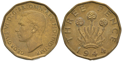 Великобритания 3 пенса 1944 Георг VI (1936-1952) KM 849, Spink 4112 никель латунь 4561-612